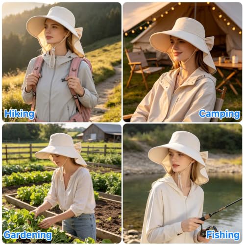 Womens Ponytail Hole Sun Hat with Neck Flap Outdoor UPF 50+ - color: Beige