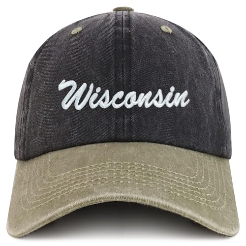 Trendy Apparel Shop Wisconsin State Embroidered Low Profile Adjustable Cotton Cap - color: Black Khaki
