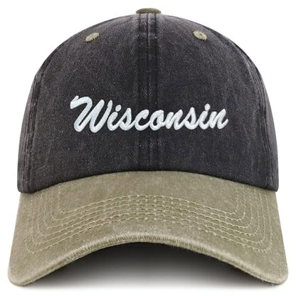 Trendy Apparel Shop Wisconsin State Embroidered Low Profile Adjustable Cotton Cap - color: Black Khaki