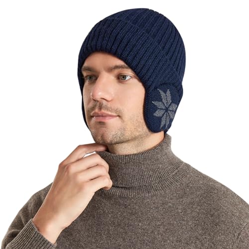 Knit Beanie Hat with Earflaps – Winter Warm Thick Fleece Lined Ski Skull Cap for Men Women - color: Navy Blue