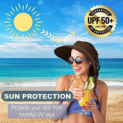 Straw Sun Visor for Women, Wide Brim UPF 50+ Protection Beach Hat, Adjustable, Roll Up Foldable Ponytail Cap with Chin Strap - color: Carmal