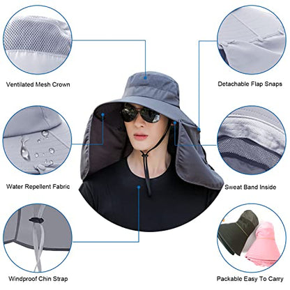 Women Wide Brim Face Mask Sun Hat Detachable Neck Face Flap Ponytail UV Protection Visor Hat Garden Fishing Hiking - color: Bg9215-darkgray