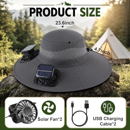 Syhood Solar Powered Fan Hat Neck Gaiter Arm Sleeves Sun Bucket Hat with Fan Cooling Wide Brim Hats for Fishing Hiking - color: Dark Gray, Black, style: Breathable