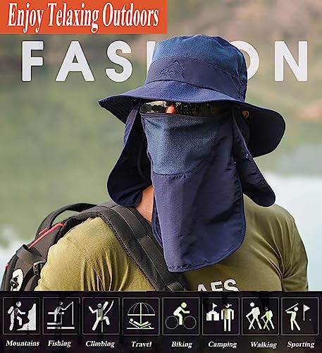 Sun Hat for Men Women, Summer UV Sun Protection Wide Brim Fishing Hat for Men with Face Cover & Neck for Hiking - color: Navy(with Face Cover & Neck Flap)