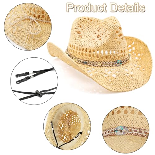 WQWOVRVO Cowboy Hat,Cowgirl Hat,Cowboy Hats for Women/Mens/Straw Wide with Shapeable Brim Cowboy Hat for Womens/White/Black. - color: Beige + Chains