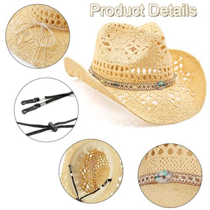 WQWOVRVO Cowboy Hat,Cowgirl Hat,Cowboy Hats for Women/Mens/Straw Wide with Shapeable Brim Cowboy Hat for Womens/White/Black. - color: Beige + Chains