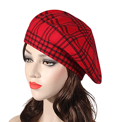 ZLYC Women French Beret Hat Reversible Knit Thickened Warm Artist Cap - color: Checkered Red