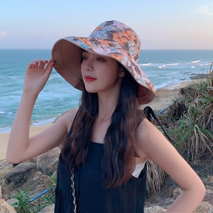 Women Bohemian Reversible Sun Hat Wide Brim Fishing Hats - color: Khaki Floral
