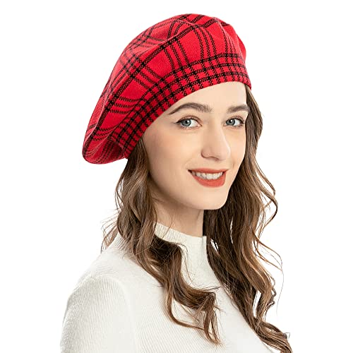 ZLYC Women French Beret Hat Reversible Knit Thickened Warm Artist Cap - color: Checkered Red