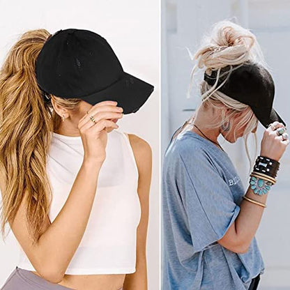 Women Distressed Ponytail Baseball-Hat Cotton Adjustable Baseball-Cap - color: Black