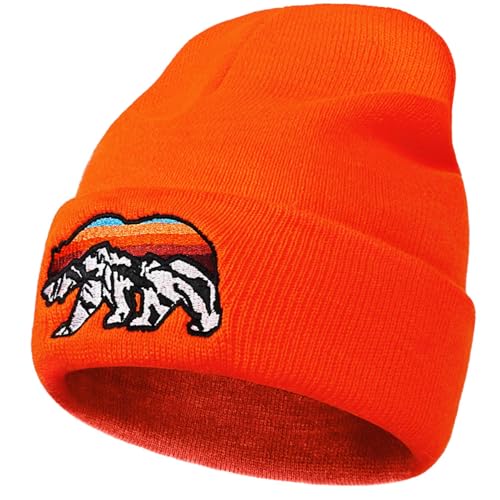 Knit Winter Beanie Hats for Men Women Cuffed Skull Cap with Mountain Embroidery Outdoor Christmas & New Year Gifts - color: Bear/Orange