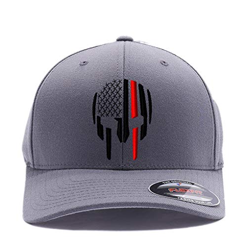 G&B Red Thin Red/Blue Line Spartan Helmet & Distressed Skull Flex Baseball Cap. Embroidered. 6277/6477 Flex Baseball Hat - color: Grey, size: Small-Medium