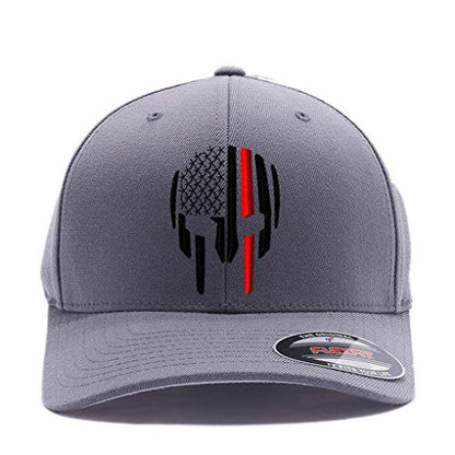 G&B Red Thin Red/Blue Line Spartan Helmet & Distressed Skull Flex Baseball Cap. Embroidered. 6277/6477 Flex Baseball Hat - color: Grey, size: Large-X-Large