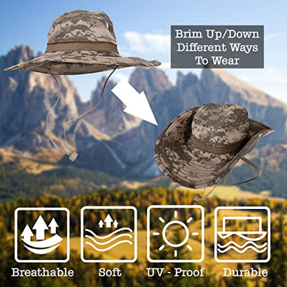 BaHoki Essentials Military Style Bucket Hat - Camo Outdoor Hat with Adjustable Strap - Wide Brim Safari Hat - style: Acu