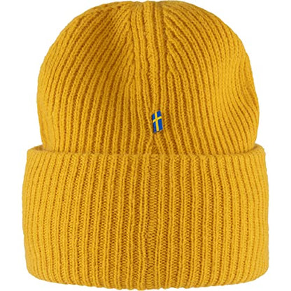 Fjällräven 1960 Logo Hat Beanie - Knit Winter Cap with Folded Cuff, Warm Soft Everyday Outdoor Hat - color: Mustard Yellow