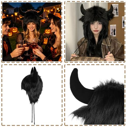 XGOPTS Winter Faux Fur Plush Hat with Horns Warm Animal Horn Ox Earflap Hat - color: Black