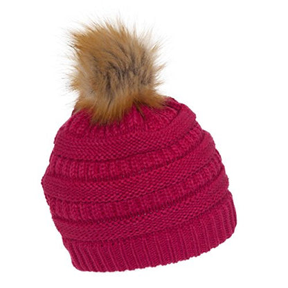 Gravity Threads Cable Knit Faux Fur Pom Pom Beanie Hat - color: Hot Pink