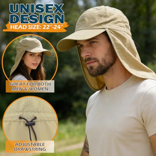 Baseball Sun Cap with Neck Flap, UPF 50+ Waterproof Sun Hat for Men Women - color: Khaki