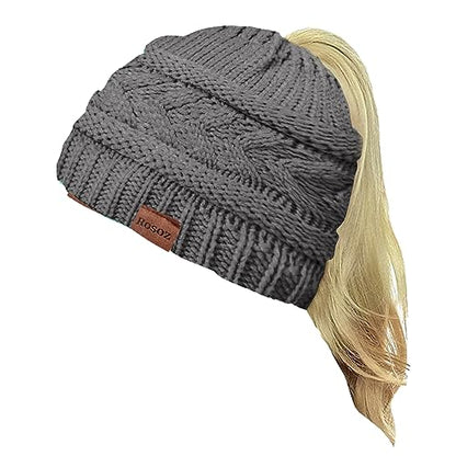 Rosoz 2 Pack Ponytail Beanie for Women,Winter Warm Beanie Tail Soft Stretch Cable Knit Messy High Bun Hat - color: 1pack-grey