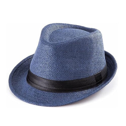 Straw Fedora Hat for Men Panama Hat Short Brim Summer Sun Hat - color: Black Belt-navy