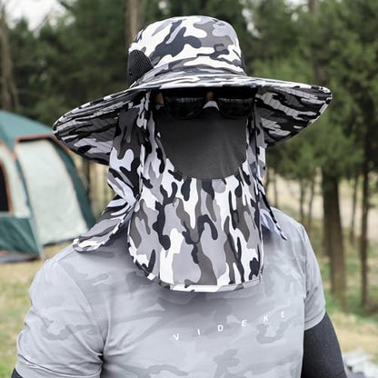 Men Women Safari Bucket Fishing Sun Hats Face Cover Neck Flap - color: Camou Gray