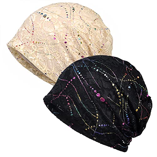 XYIYI Womens Chemo Headwear Hats Cotton Slouchy Beanie Cap Scarf - color: 2pcs Lace Black Beige-t