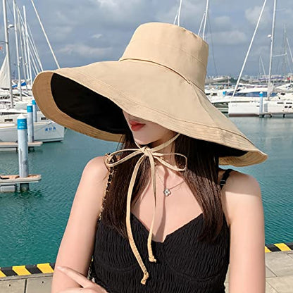 HUAMULAN Women Summer Vacation Wide Brim Sun Hat Reversible Fishing Hats - color: Ag3652-kakhiblack