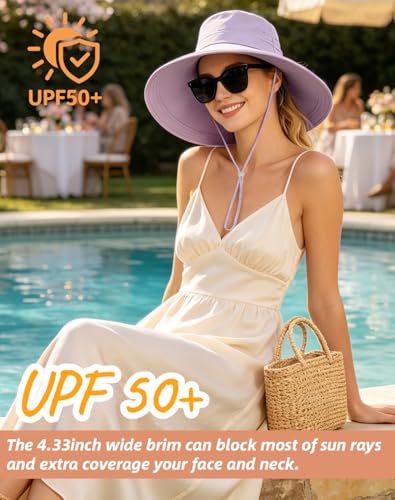 Rosoz Women Sun Hat with Ponytail Hole Wide Brim Bucket Hats UPF 50+ Beach Hiking Gardening Hat Water-Resistant Outdoot Hat - color: Purple
