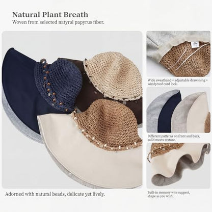 Women’s Packable Sun Hat, Wide Brim Foldable Beach Hat, UPF 50+ UV Protection Travel Summer Hat with Adjustable Fit - color: Blue
