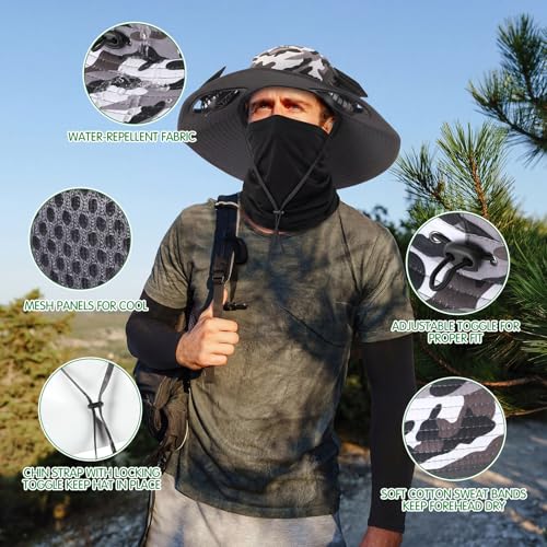 Syhood Solar Powered Fan Hat Neck Gaiter Arm Sleeves Sun Bucket Hat with Fan Cooling Wide Brim Hats for Fishing Hiking - color: Camouflage7, style: Classic