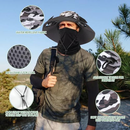 Syhood Solar Powered Fan Hat Neck Gaiter Arm Sleeves Sun Bucket Hat with Fan Cooling Wide Brim Hats for Fishing Hiking - color: Camouflage7, style: Classic