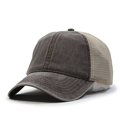 Vintage Washed Cotton Soft Mesh Adjustable Baseball Cap - color: Dk Brown/Dk Brown/Khaki