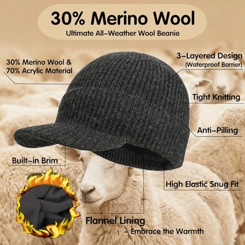 BEARAE XL-XXL Winter Beanie with Brim, Fleece Lined Knit Beanie Hat for Men, Waterproof Winter Hat Ski Cap for Cold Weather - color: Dark Grey