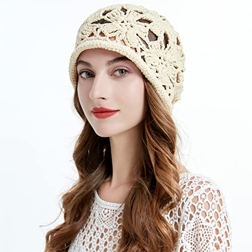 ZLYC Women Cotton Crochet Slouchy Beanie Hat Handmade Knit Summer Skull Cap - color: Crochet Beige