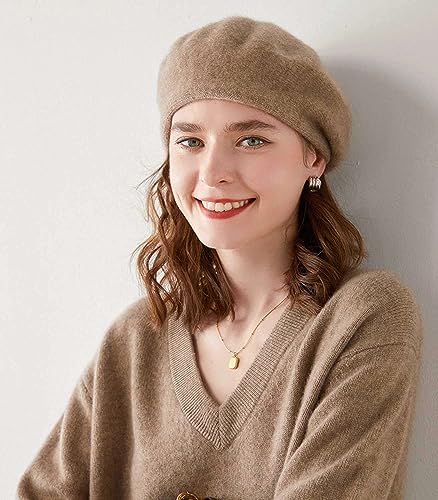 Cashmere Berets Beanie Hats Women Winter Warm Merino Wool Fashion Knit Cap - color: Camel