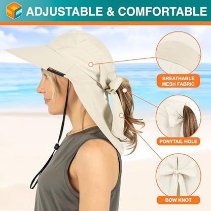 SUN CUBE Wide Brim Sun Hat with Neck Flap for Men Women, UPF50+ Fishing - color: Beige With Bow