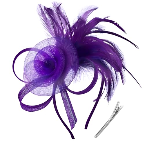 DRESHOW Fascinators Hats for Women Tulle Feather Tea Party Fascinator Hats - color: Purple