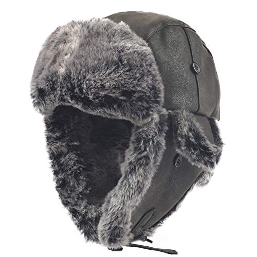 Janey&Rubbins Russian Hat Fur Soviet Ushanka Cossack Winter Cap Earflap Snow Ski Headwear - color: Black/Leather, size: Large