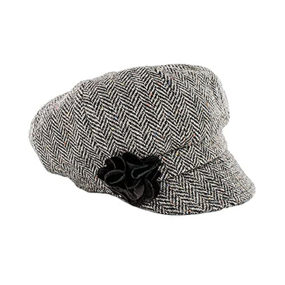 Newsboy Hat for Women's Cap 8 Panel Wool Made in Ireland - color: Gray Herringbone