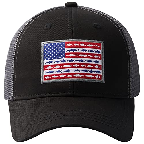 BASSDASH Altimate Fishing Hat Mesh Back for Men Women Adjustable Baseball Trucker Cap - color: Black/Fish Flag
