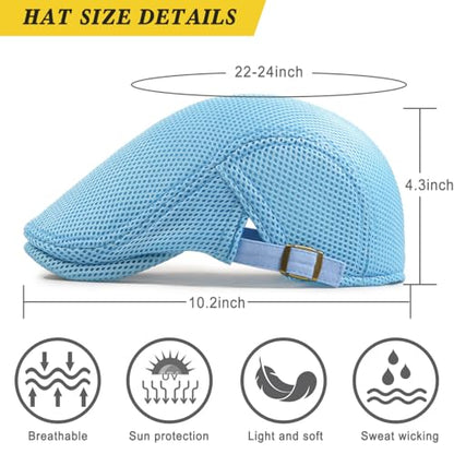 Xinveen Men's Mesh Cap Breathable Summer Newsboy Hat Adjustable Beret Ivy Cap Irish Cabbie Driving Hunting Hats - color: Turquoise Blue