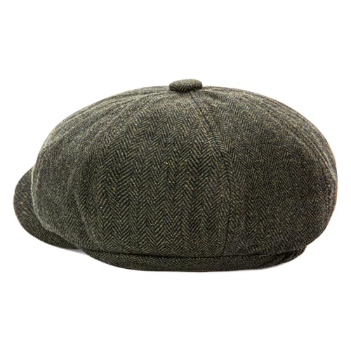 Men's Wool Newsboy Cap 8-Panel Tweed Taxi Hat Herringbone Gatsby Flat Hats - color: Green