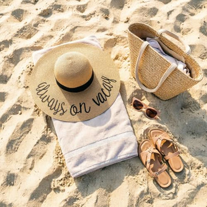 DRESHOW Big Straw Sun Hats for Women Floppy Foldable Roll up Beach Cap Sun Hat UPF 50+ Vacation Honeymoon Embroidered Hat - color: Ae Always on Vacay: Khakiv
