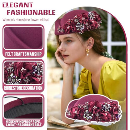 Women's Retro Stewardess Felt Hat, British Berets, Rhinestone Flower Decor, Ladies' Church Derby Hat - color: Wine Red