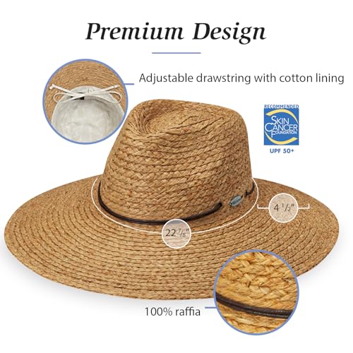 Wallaroo Women’s Nosara Fedora – UPF 50+ Sun Hat, UV Protection, Wide Brim, Adjustable Chin Strap, Natural Fiber, Medium Size - color: Camel