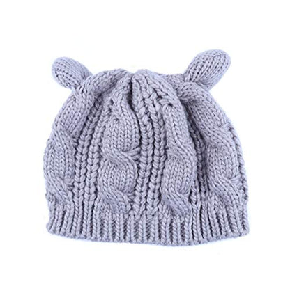Women Winter Wool Baggy Beret Beanie Cute Devil Cat Ear Crochet Braided Knit Hat Ski Cap - color: Grey