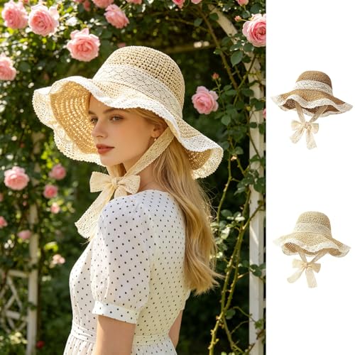 Women's Wide Brim Straw Sun Hat Beach Travel Bucket Hat Packable - color: Beige