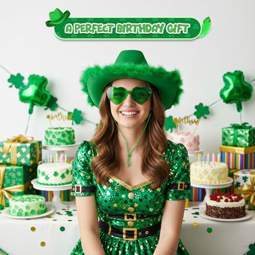 4E's Novelty Cowboy Hat with feathers With Heart Shaped Sunglasses for Women, Felt Cowgirl Hat for Party Costume Dress Up - color: Green