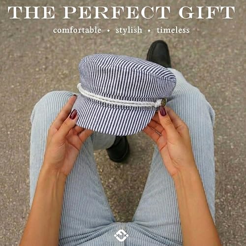 Funky Junque Greek Fisherman Newsboy Cap, Cotton Captains Bakerboy Hat - color: Cotton Pinstripes - Navy