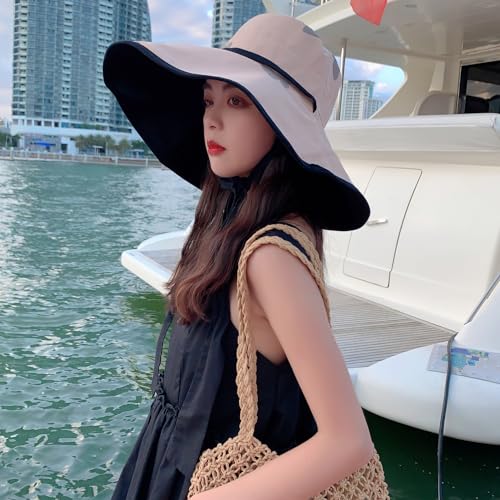 HUAMULAN Women Summer Vacation Wide Brim Sun Hat Reversible Fishing Hats - color: M0004-khakiblack